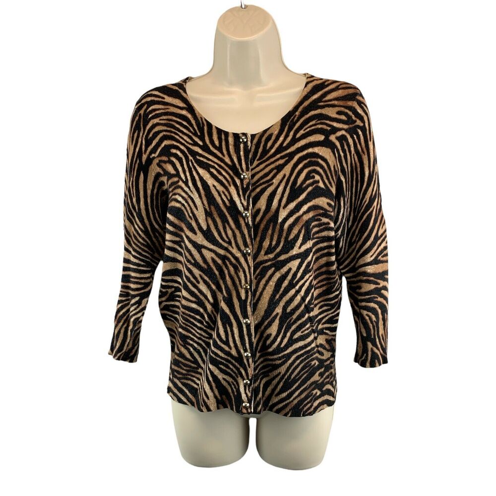 White House Black Market Womens Cardigan Sweater Medium Animal Print Lightweight